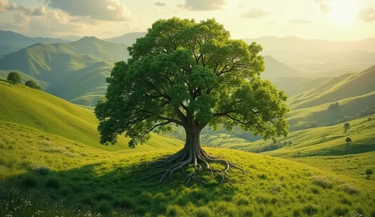 A high-angle drone capture of a single massive tree growing in the middle of a lush green valley, surrounded by rolling hills and bathed in warm morning light.