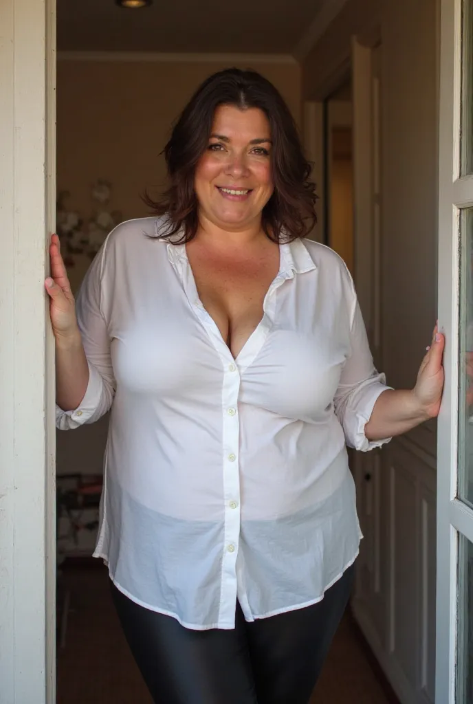 46-year-old German Cougar,  Reife curvaceouse Frau, Slightly plump, dark brown short wet hair , No jewelry and no makeup, curvaceous ,  huge big breasts, white low neck shirt, no bra, black leggings stand in the door frame of the front door of the family h...