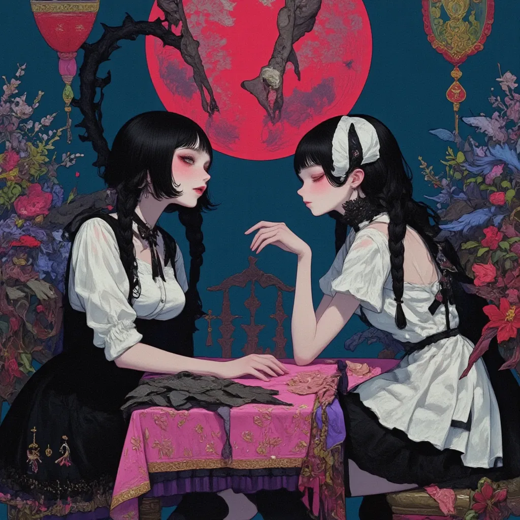 (masterpiece,top quality:1.2),two thin girls are talking,gazing each other face,one of the girl\(black short hair,her hair up,white maid headband,one red rose shaped hair accessory,open her eyes,sharp eyes,gazing another girl,black neck choker,only white c...