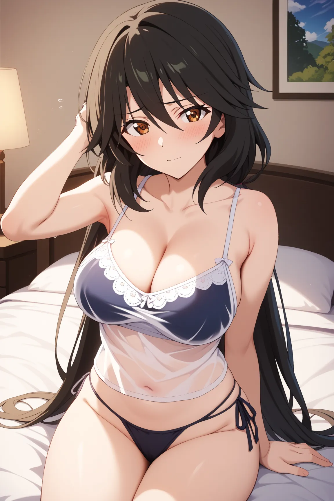 masterpiece,best quality,{{detailed beautiful face and eyes}}, very detailed background,
Chifuyu Orimura,{{{megami magazine}}},long hair,black hair,bangs,hair between eyes,brown eyes,large breasts,
(black see-through camisole:1.2), cleavage, black side-tie...