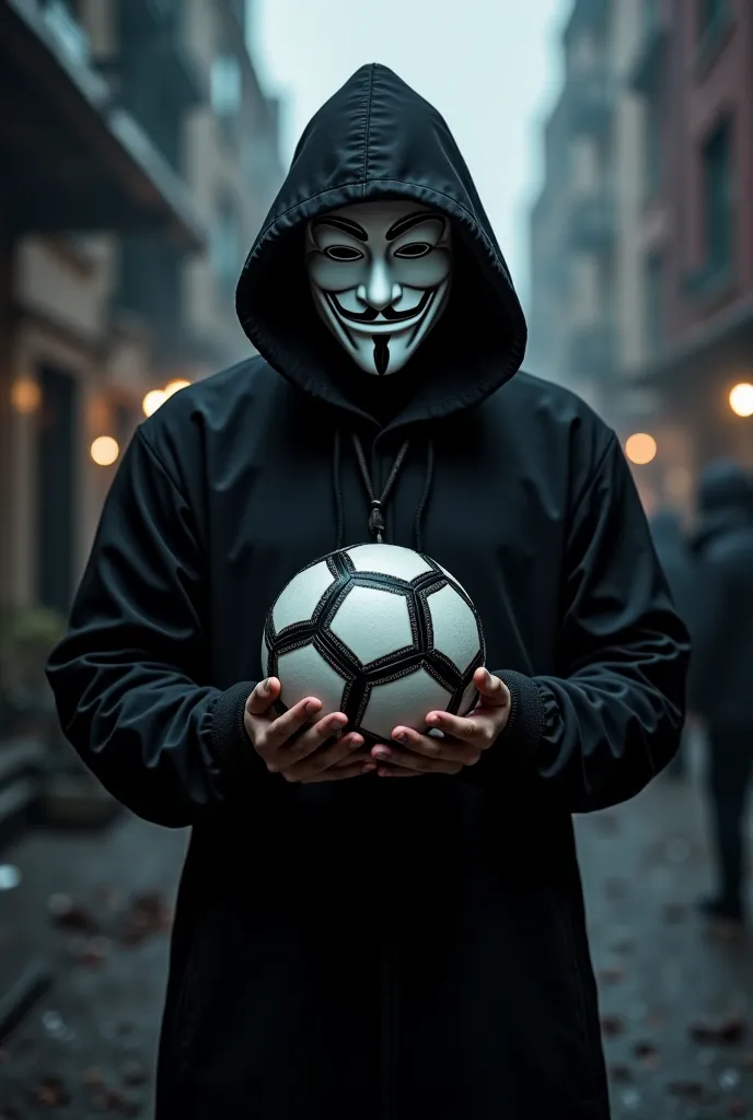 A person wearing the mask of Anonymous with a soccer ball in their hands