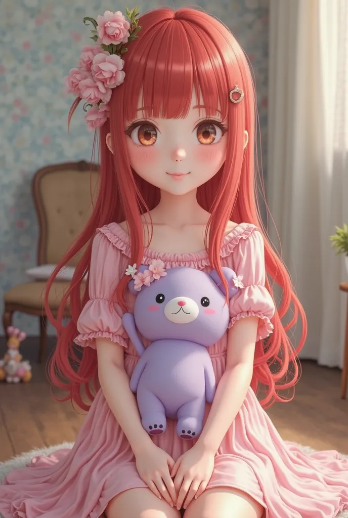 Ultra-realistic, highly detailed full-body portrait of a  girl with long, vibrant red hair and straight bangs reaching her eyebrows. She wears a soft pink dress with a voluminous skirt and delicate pink sandals. In her hands, she gently holds a lilac Kurom...