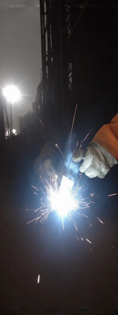 Extreme close-up of master welder's weathered, gloved hands performing precision welding on critical load-bearing steel beam joint in skyscraper construction. Mesmerizing ultra-detailed view of molten metal pool glowing white-hot at exact contact point, cr...