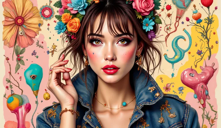 POP-SURREALISM WHIMSICAL QUIRKY PORTRAIT FASHION ILLUSTRATION OF A SUPER COOL AND STYLISH MODERN BEAUTIFUL MODEL, IN THE STYLE OF ARTURO ELENA AND JAMIE LEE REARDIN AND LAURA LAINE AND STEVEN KENNY, 8K ULTRA-HD, 