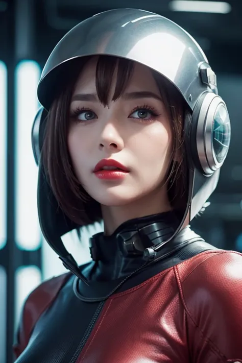  close-up of a woman wearing a futuristic helmet and red lipstick, Cyberpunk Jackie Wells, cgsociety 9,  style for stilets = Retro futuristic ,  beautiful android woman ,   female android ,  retro futuristic fashion , movie「 Blade Runner 」Still image of, F...