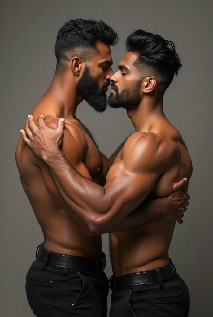 "A highly detailed and realistic image of two handsome 29-year-old Indian men with muscular, well-defined physiques. They both have broad shoulders, sculpted chests, and toned abs, with a natural glow highlighting their warm brown skin. Their presence exud...