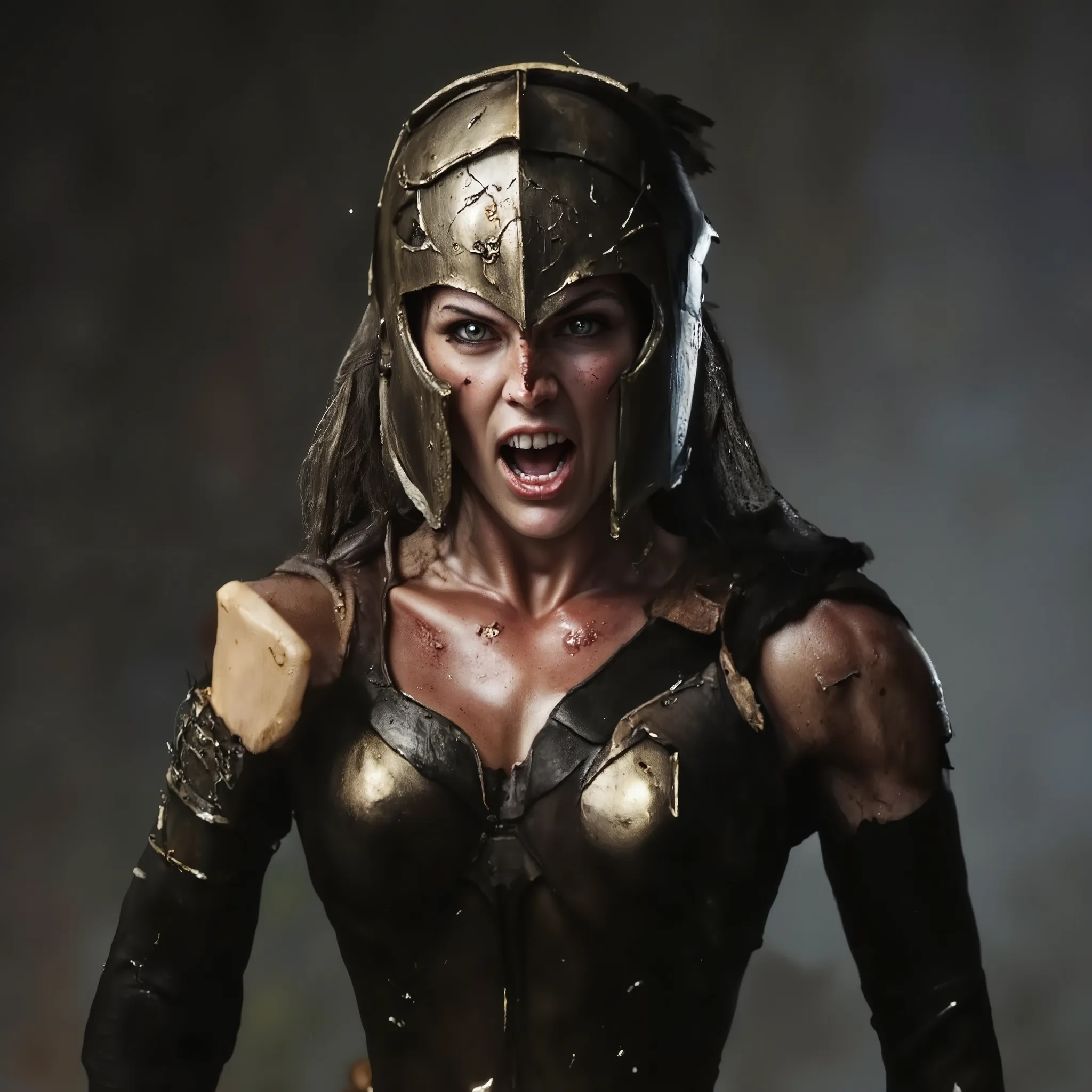 An Amazon warrior is shouting a war cry, with sweat on her face and an expression of fury. She has a scar on her face and is wearing a helmet similar to that of the goddess Athena. The scene is depicted in a realistic style, capturing the intensity and det...