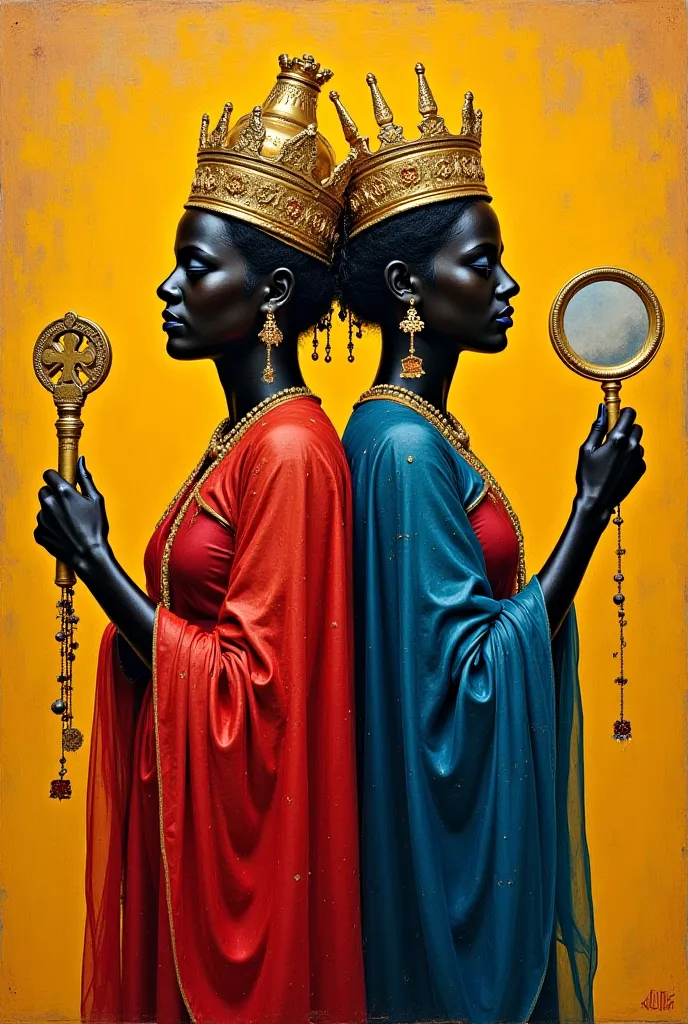 Orixá Bara Agelu and Orixá Iemanja. Black  with a key in both hands, A crown on the head, Red clothes. Black woman with a mirror in her right hand and a comb in her left hand, A crown on the head, blue clothes