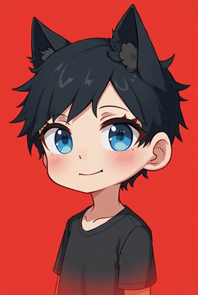 Chibi adult male character,only face and little bit of shoulder shown,black hair, two block cut, sky blue eyes that are a lit a little bright,red background,no animal ears, different posture,smirk or laugh facial expression,