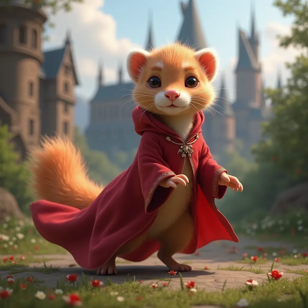 Can you make me an animated ferret from the Gryffindor house at Hogwarts with his beautiful red robe 