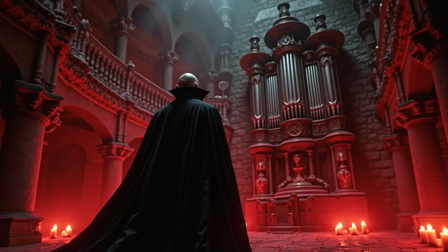 "A gothic ancient castle interior at night, illuminated by flickering candlelight, a menacing vampire count in a black cape standing before a massive pipe organ, shadows creeping across stone walls, dramatic red and black color palette, eerie fog swirling,...