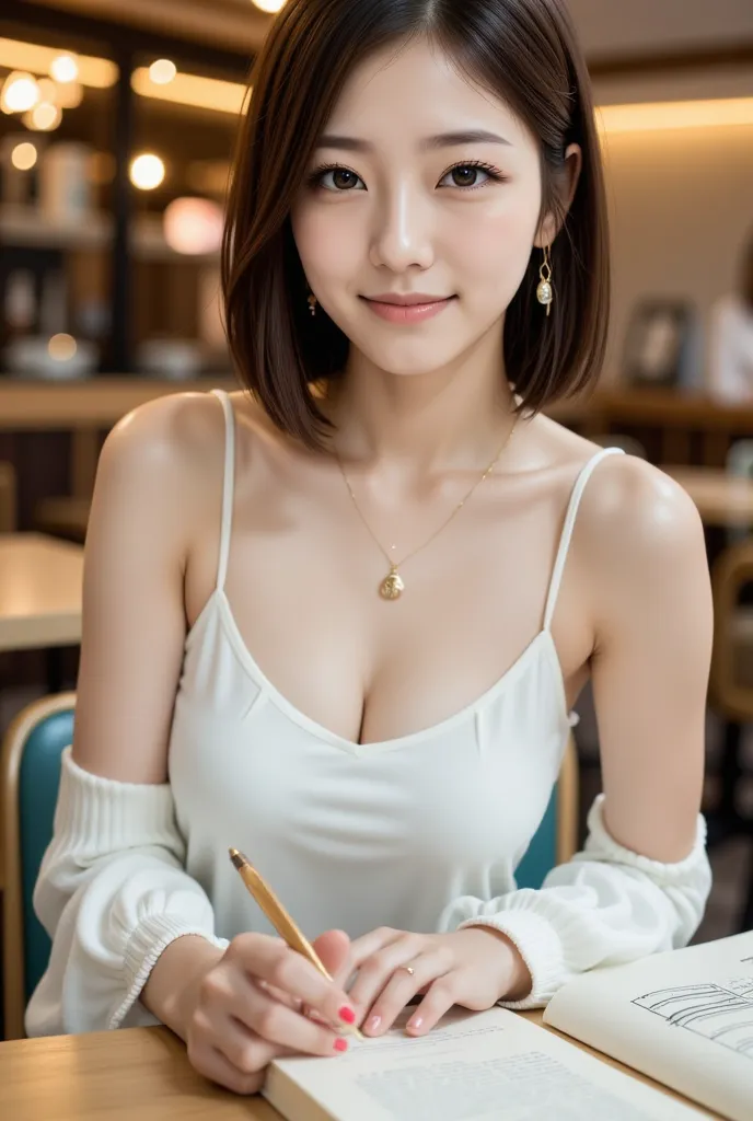 Pretty girl,high image quality (8K quality), High Resolution, Great Job, Appropriate depth of field , Appropriate focus  ,   Leica Camera Quality  , RAW image quality, Genuine,  women studying in a cafe, Detailed pupil, detailed lips on the butt, perfect h...