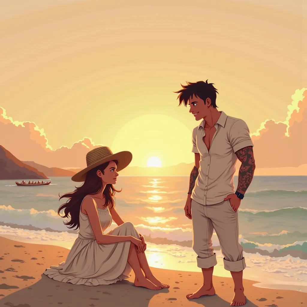 📌 Fanart request: Primer Encuentro de Silvia y Gabriel en la Playa

✨ Escena: First meeting between Silvia and Gabriel on the beach,  at sunset . The setting and the physical details must faithfully reflect the essence of the scene.

🖌 Key Details:

 Setti...