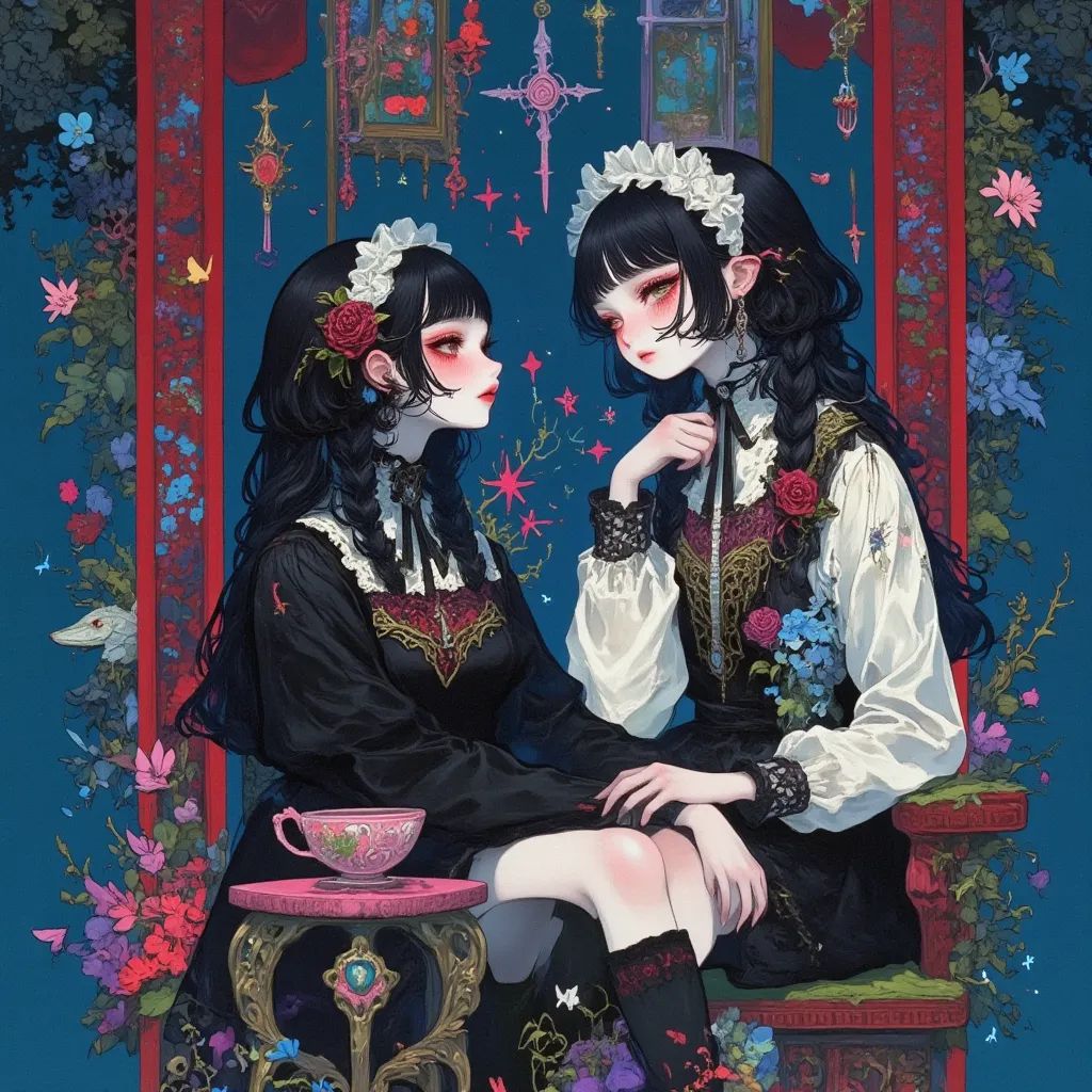 (masterpiece,top quality:1.2),Washi paper drawing\(Japanese paper drawing),two thin girls are talking,gazing each other face,one of the girl\(black short hair,her hair up,white maid headband,one red rose shaped hair accessory,open her eyes,sharp eyes,gazin...