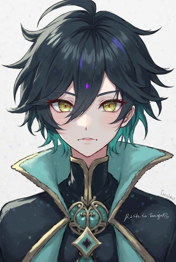 I want a combination of two characters, Xiao from Genshin Impact and Ray from The Promised Neverlan.

Xiao is medium-length dark haired with shades of teal, pale skin and golden cat eyes. On his forehead there is a small purple diamond, and his eyes have a...