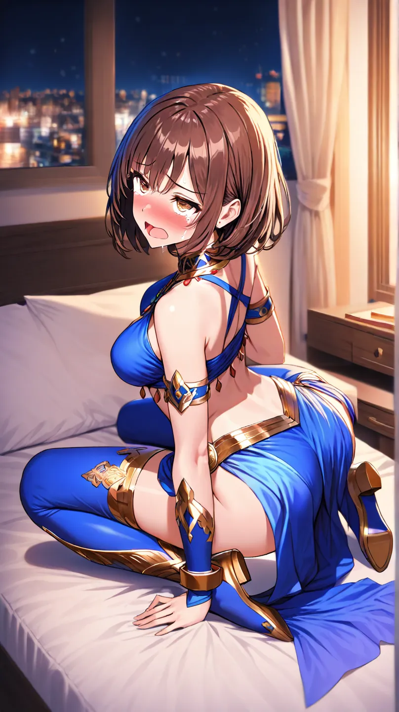 1girl,short hair, brown hair, brown eyes,,medium breasts,

  at night,on bed,in room,

from behind,close to viewer,character focus,full body, 


girl on top,sit astride,spread legs,kneeling pose,

,open mouth,stick tongue out,troubled eyebrows,rolling eyes...