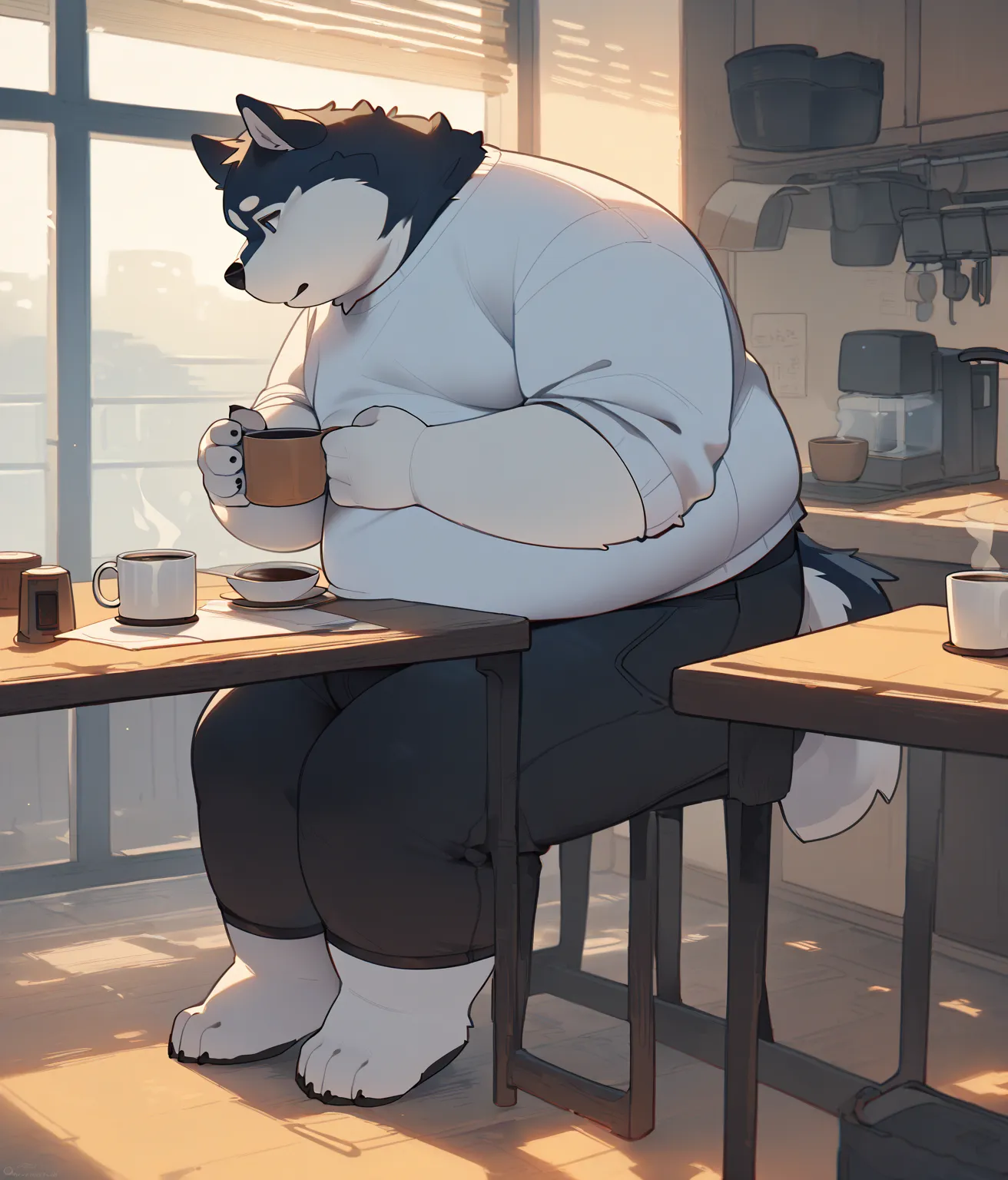 husky siberiano, eyes, hairy den,  plump body , fat cheeks, gray eyes, full body, sitting on a chair, in front of a table,Drinking a hot cup of coffee, sad, Wear a white sweater,  black t-shirt, pants blancos,fat and obese body, Short-bodied Husky,  bottom...