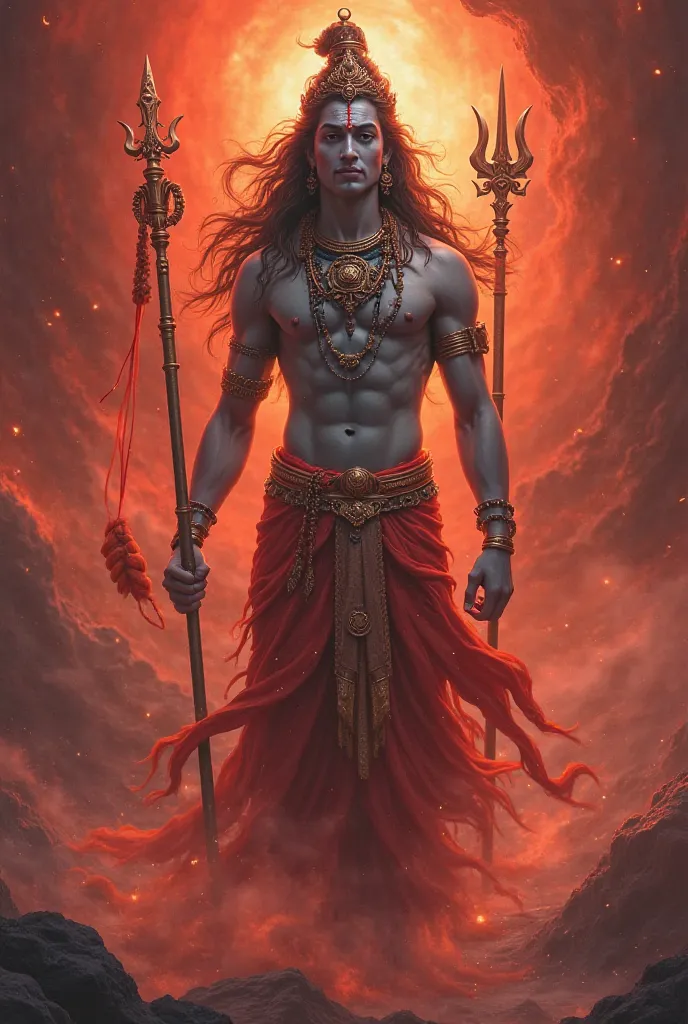 A cute lord siva while holding a trident, a damaru, a deerskin, or a club in red theme