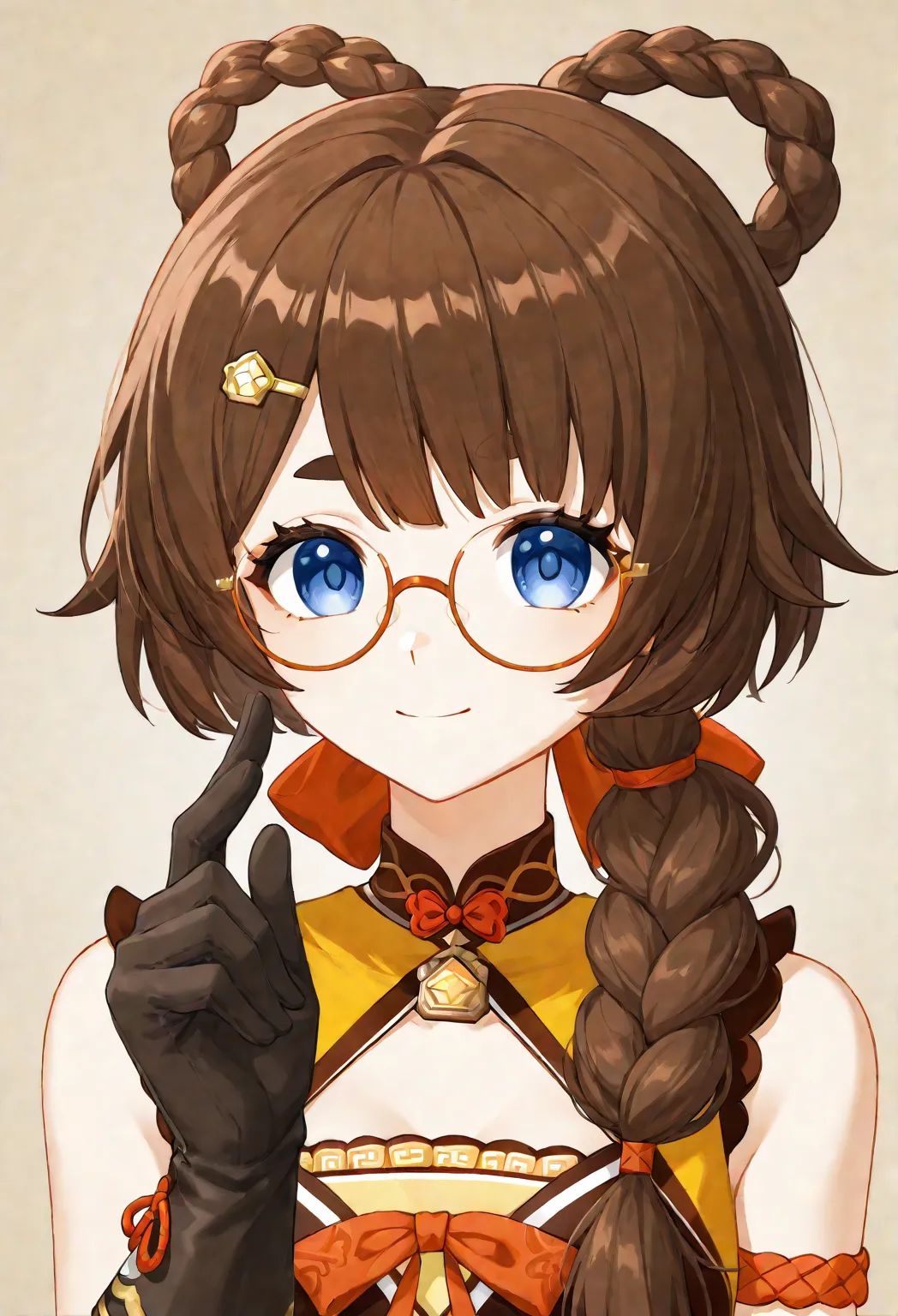 Anime cute young Woman with brown hair in a short braided ponytail over shoulder, with blue eyes, with glasses, in genshin impact xiangling’s clothes, with full gloves, top body portrait