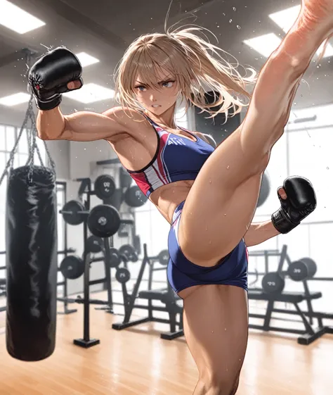 "A slim, fit female athlete performing a high kick on a punching bag in a gym, wearing sportswear and MMA gloves, intense focus, dynamic pose, strong lighting."
