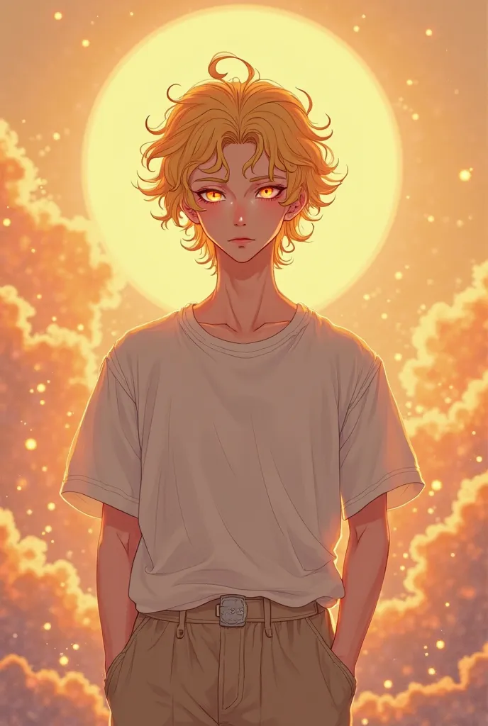 men's shorts with golden curlers, Orange-colored eyes, God-style clothing with beige boxy pants, loose fitting t-shirt with short sleeves in white, It represents the sunrise.  ANIME DRAWING STYLE