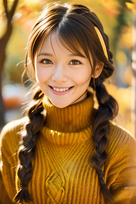 (8k, RAW photo, photorealistic, HQ, masterpiece), cute Japanese woman, (shining eyes), 
(has a smiling face: 1.4), brown hair, Fluffy Braids , (Autumn Stylish Clothes ,   turtleneck wool sweater:1.4), big breasts, Sexy Poses, (Autumn cafe terrace in the wo...