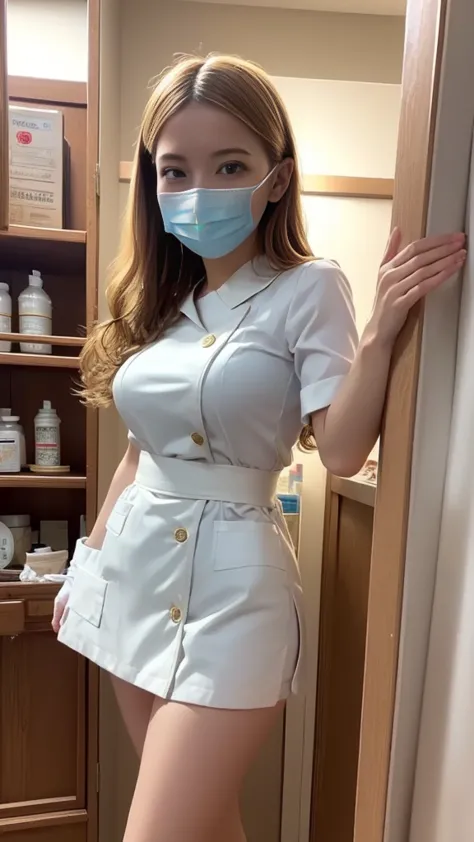 ((White Nurse uniform:1.2、nurse cosplay:1.1))、The perfect micro size for the body、skirt、Medium breast、 layer style、blond hair、Straight Bob Hair、smile、(white rubber gloves)、(((White Mask:1.3)))、smile、Standing in front of the medicine cabinet、Inside the hosp...