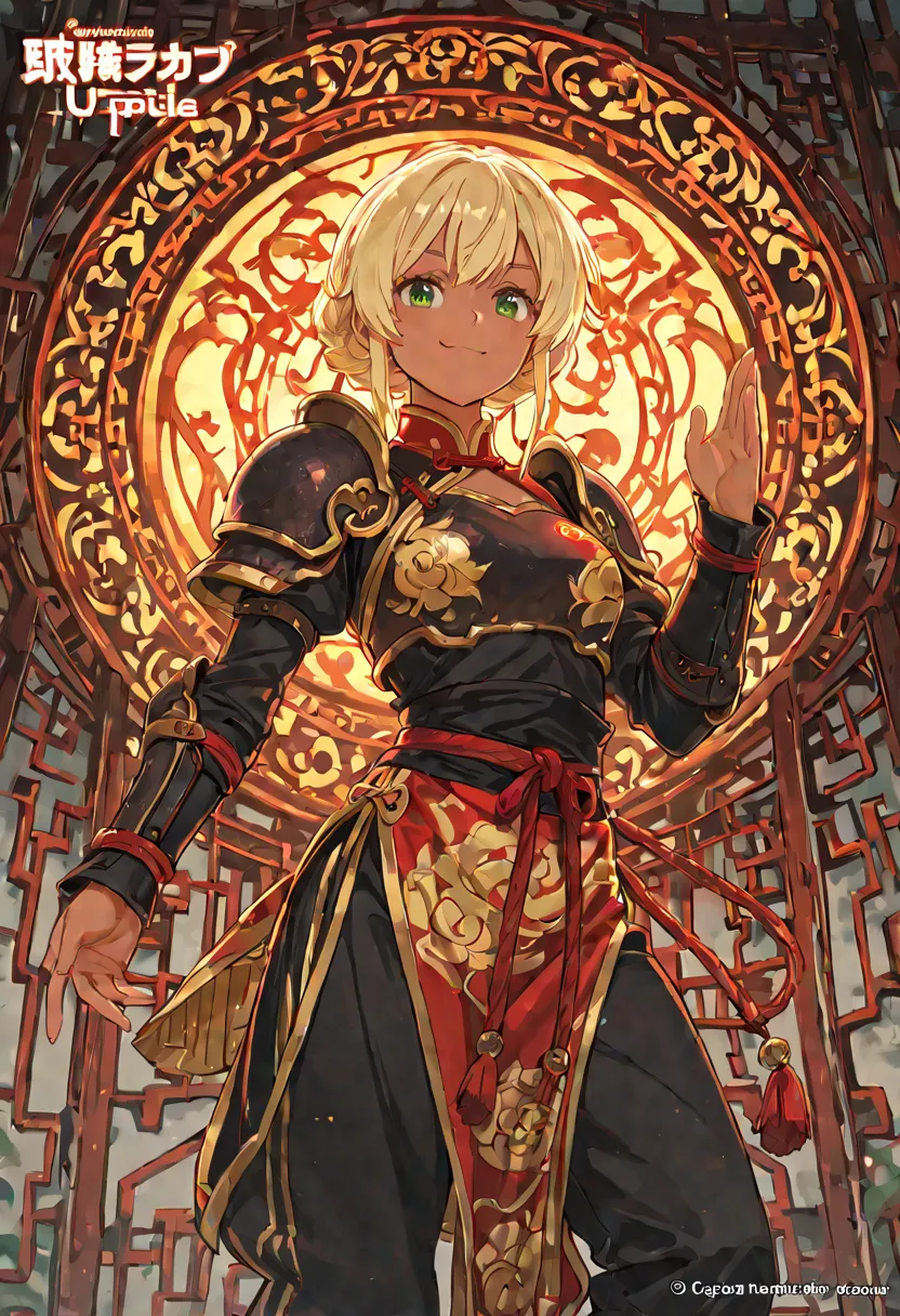 anime style concept art, age girl, blonde hair, dark skin, green eyes, kung fu outfit, chinese dress, smiling appearance, bright colors, barbaric armor, cinematic shading, CG anime, highly detailed, dynamic angle, intricate details, asian utopia, alternati...