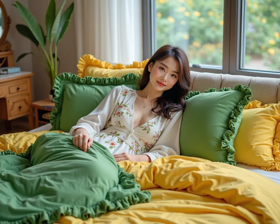 A 40-year-old beautiful and feminine Chinese woman, wearing a long white dress with floral patterns, showing her cleavage, is inclining on a double upholstered bed. The bedding is verdant green and vibrant yellow and made of cotton, and one side of the duv...