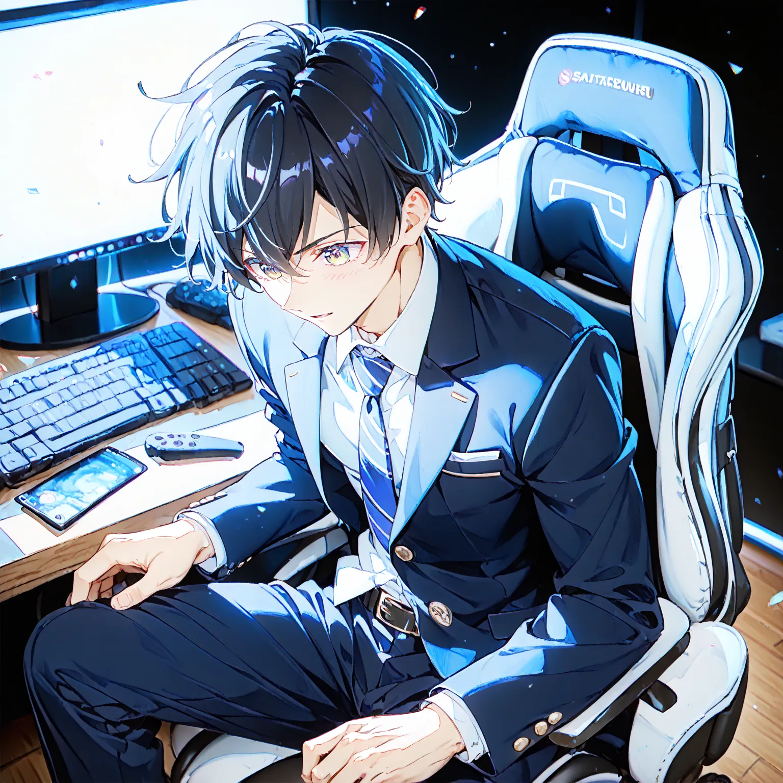 masterpiece,  (low brightness), ( high saturation, high contrast:1.3),  1 boy,  high school boy,black short hair,(navy school blazer:1.2), blue tie, white shirt, pants  break, sitting gaming chair, looking pc monitor,胸の前で拳を握る