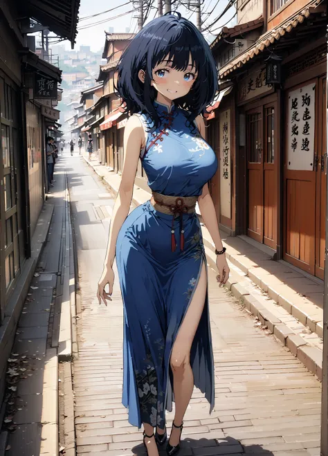score_9, score_8_up, score_7_up,  source_anime, Anayanami ,  medium hair, blue eyes, stupid hair,  Lantern, medium chest, skirt,  shirt, Big Breasts,Blue sleeveless Chinese clothes,Long slit,pin heels,standing,Put your hands on your lower back,smile,blush,...
