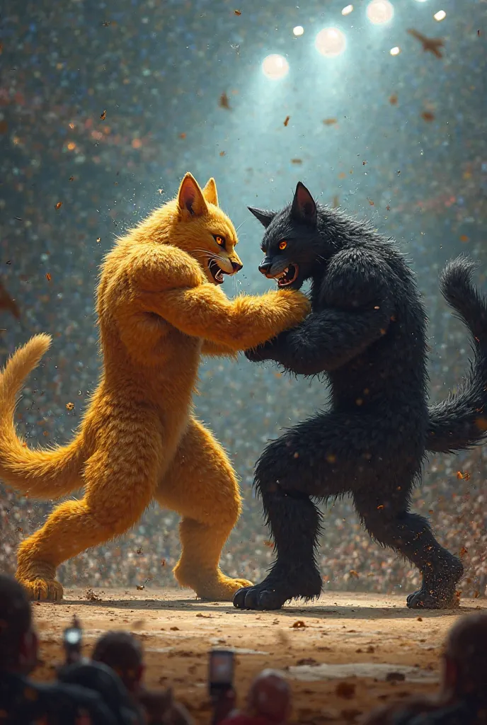 Prompt:
Under the dazzling arena lights, the golden-furred champion delivers a devastating strike—a perfectly timed right hook that crashes into the black-furred challenger’s face. The impact is brutal, fur rippling from the force, sweat and spit flying th...