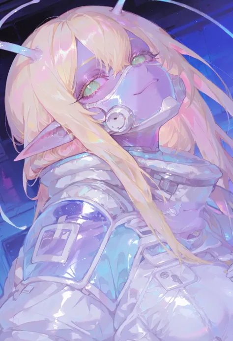 Score_9, Score_8_up, Score_7_up, Score_6_up, masterpiece, portrait, best quality, upper body, 1female, ((purple skin)), ((alien)), huge elf ears, ((alien antennae)), long hair, yellow hair, green eyes, white and blue bodysuit, astronaut bodysuit, white bi...