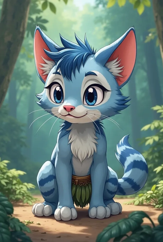 In the 2D animation anime  ,  a young cat boy with a light blue color and dark blue stripes  , anthropomorphic, That is,  on two legs   ,  In loincloths made of leaves  ,  the young kitten is kneeling , and its arms are on the ground  , fists in the ground...