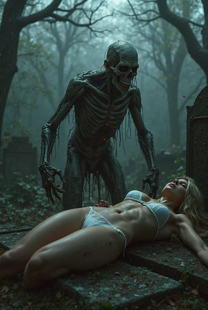 Young 25 year old blonde Swedish woman in very sensual white underwear walking in an old cemetery at night lying on a grave is raped from behind by a zombie