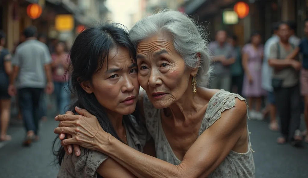 Realistic, dramatic image: Mai, a  Vietnamese girl in simple clothes, is supporting an old woman in her 60s, elegantly dressed, who has just fallen on the street. Both of their faces show panic, fear, with helpless and worried eyes. The background is a cro...