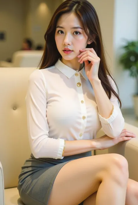 a young woman seated on a light-colored chair in an indoor setting, likely an office or lounge. She has long, dark hair styled neatly, and her expression is poised and confident. She is dressed in a professional yet stylish outfit, consisting of a white bl...