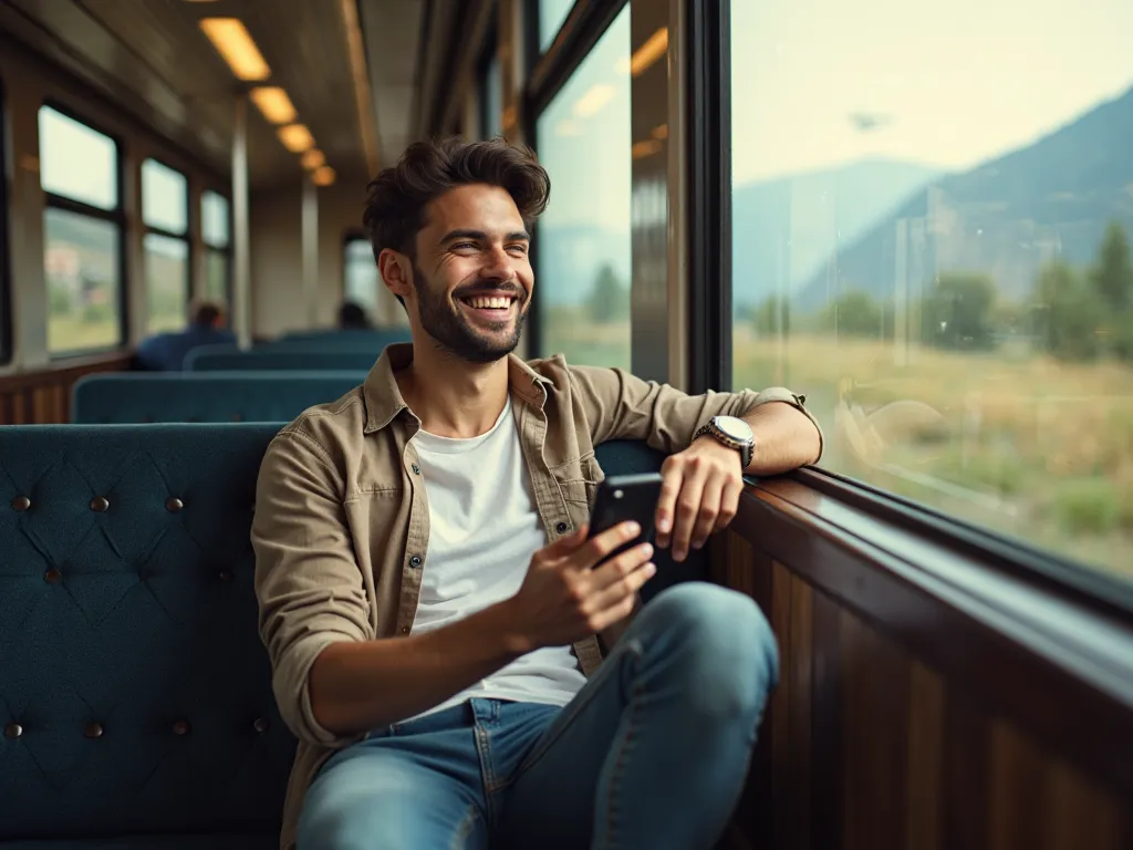 20-year-old man smiles on the train and pushes away messages from his phone，The man used was to sit in a long seat on the side，Panoramic angle，Also, it is the positive side of a man