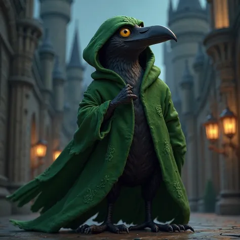 Can you make me an animated animal raven dressed in Slytherin's house 
With his green robe
Very nice that it looks like a cartoon 