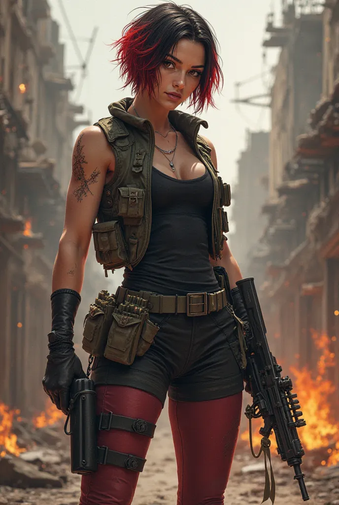 General idea of ​​the character:

 A mature and tough female warrior who survives in a post-apocalyptic world.  He has short and two-colored hair (red and black) that shows a sense of rebelliousness and difference in his personality.  His brown eyes are fu...