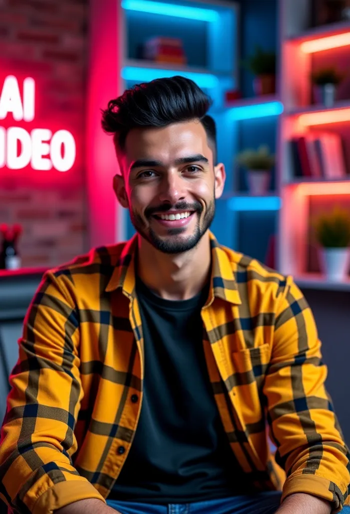 "A young man with neatly styled black hair, slicked back on the sides with slight volume on top, a well-groomed beard, and mustache. He is sitting confidently in a modern, high-tech studio with red and blue LED lighting. He wears a yellow plaid shirt over ...