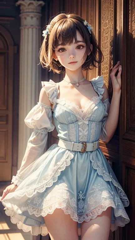 one girl, young girl, (small breasts), Wearing a dress,  light blue dress, white wave-like lace ruffles, Lacework,  brown belt,  thighs,  short hair,   blanking, smile, very elaborate eyes, 4K, perfect lighting, standing