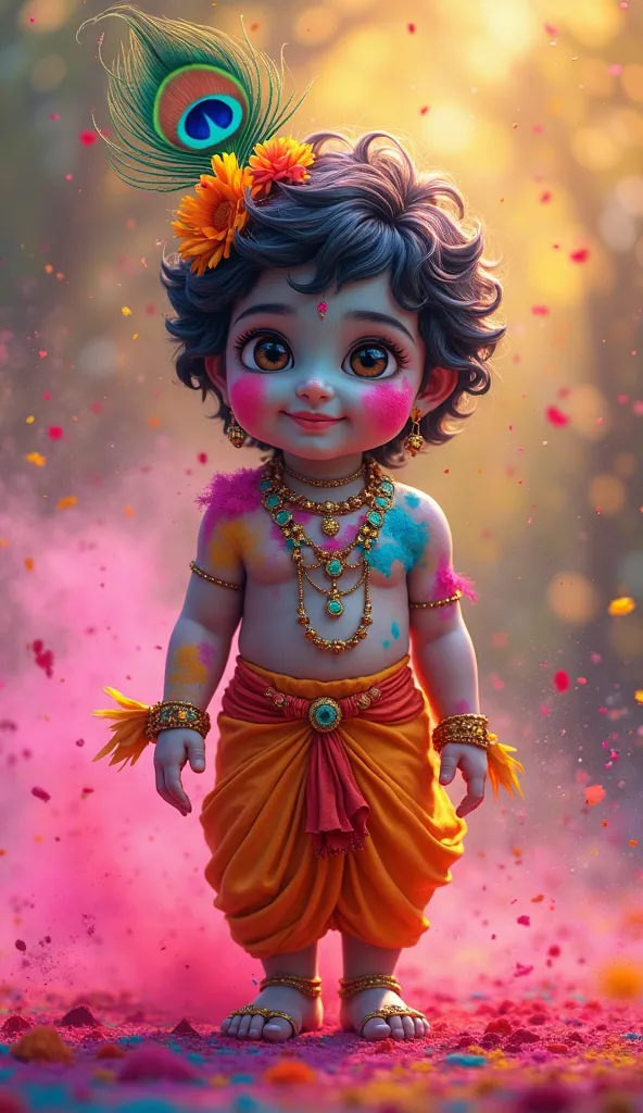 "Little Krishna with a radiant smile, adorned with a beautiful peacock feather on his head, joyfully celebrating the festival of Holi. His charming face is covered in vibrant Holi colors, reflecting happiness and divine beauty. He is dressed in traditional...