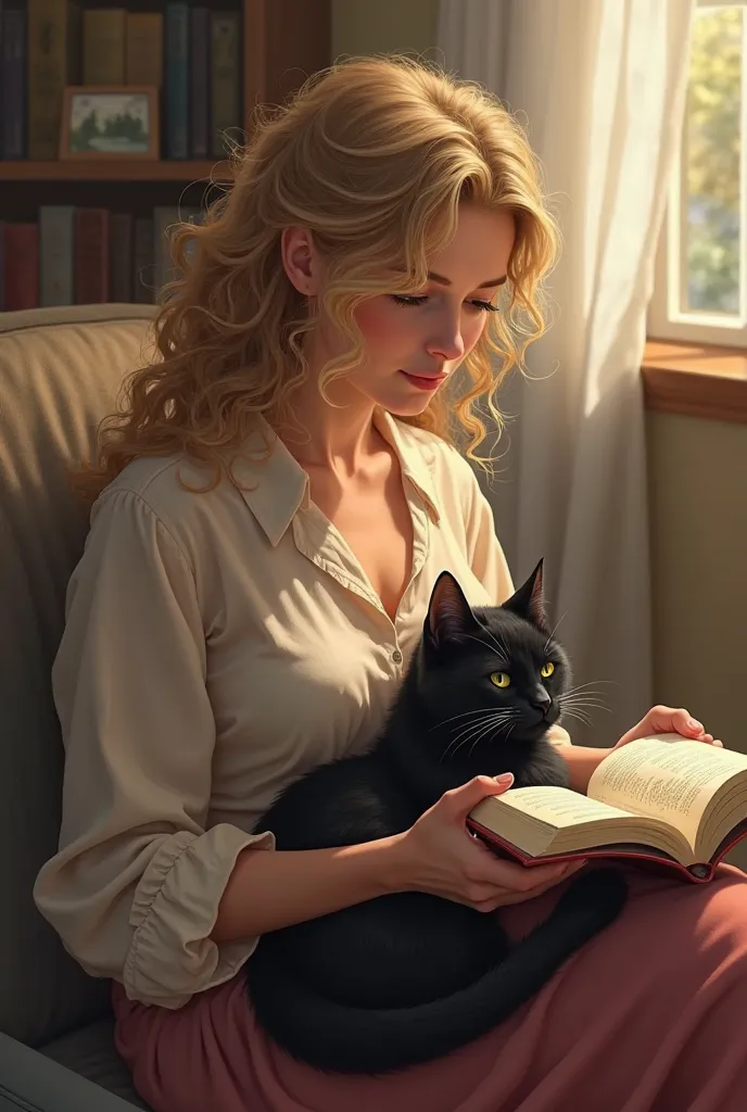 Black cat sitting on the lap of a woman with curly blondish hair while she is reading 