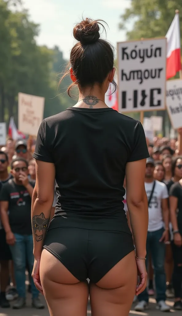 A mock-up of a plain black T-shirt, shown from the back, worn by a female model. She has thick thighs and is wearing mini shorts. A tattoo is visible on the back of her neck. The background features a large crowd of people protesting. Several large banners...