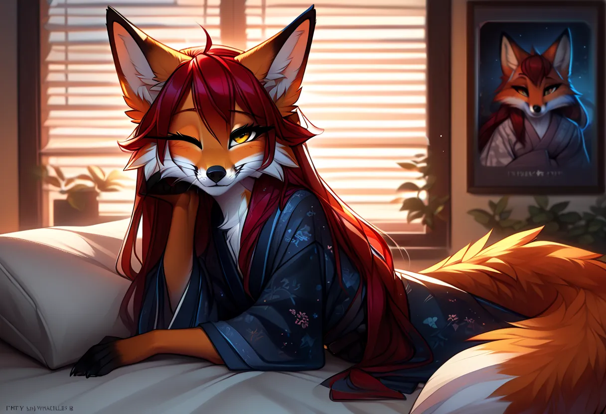 Prsmrti style、 by fluff-kevlar、 Solo、unpralleled masterpiece、Detailed、 Beautiful、 score_9、 score_8_up、 score_7_up、moody atmosphere、mysterious、fox、anthro、furry、female、orange fur、(long hair、beautiful hair、scarlet red hair、side swept hair、bangs)、yellow eyes、(...