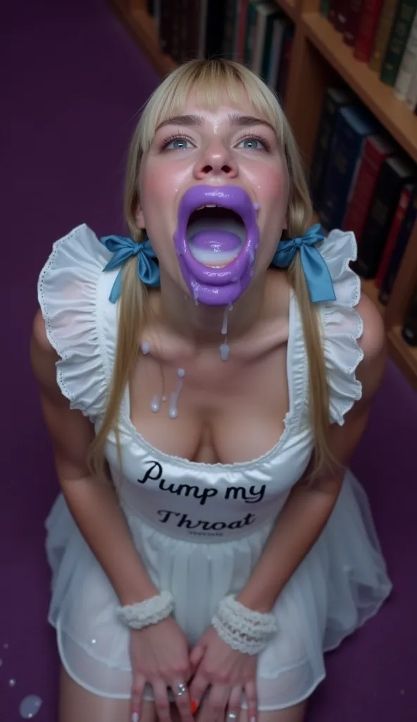 View from overhead. Watery face. Tears. sweaty skin. Gigantic cleavage. A kneeling french maid girl in a library. A large purple rubber log is deep inside an overstretched mouth. The log is dripping wet with milk. Her lips can't fit the width of the log. H...