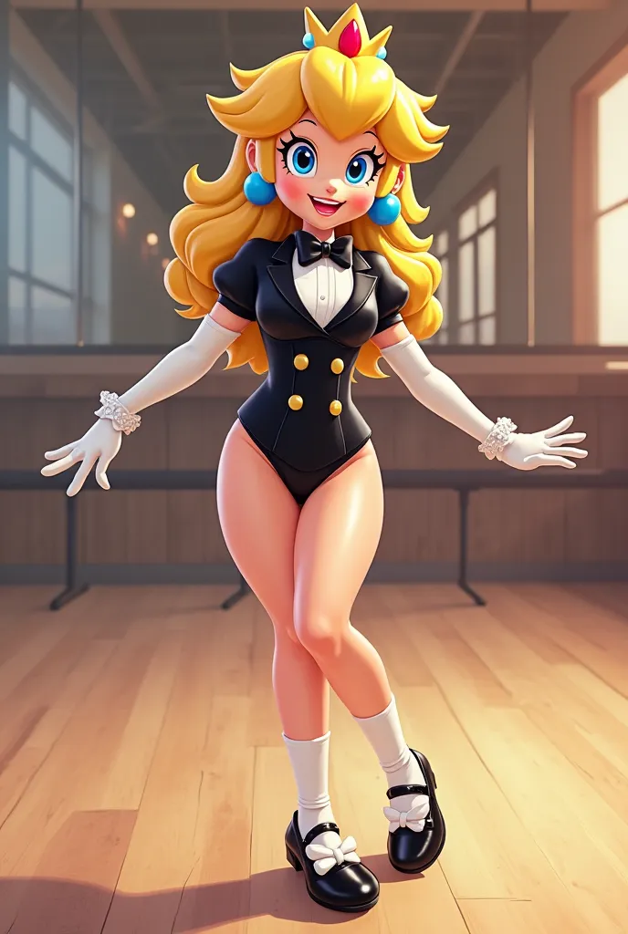 Cartoon sexy Princess Peach in a black tuxedo leotard, white socks, and black Mary Jane tap shoes,, practicing tap dancing in a dance studio, cartoon sexy, white bow on the front part of her tap shoes, black bow with white collar around her neck, cartoon s...