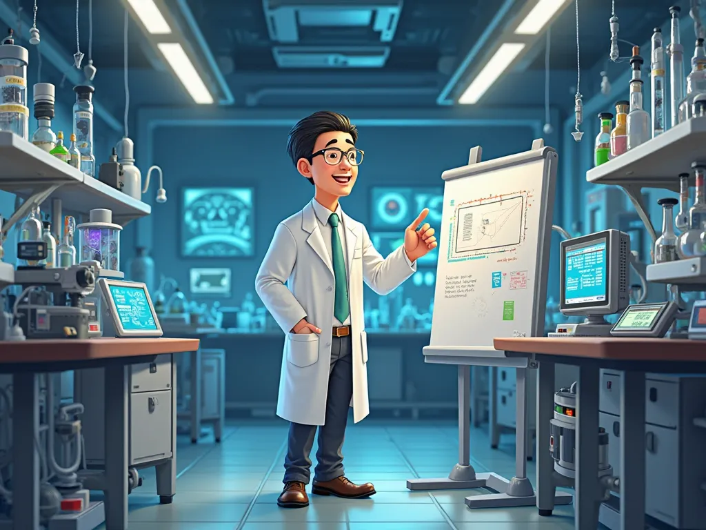 A modern laboratory with complex scientific equipment. Professor Quang, a cheerful animated physicist, stands in the center, surrounded by X-ray tubes, measuring devices, and data display screens. Professor Quang could be holding a model of an X-ray tube o...