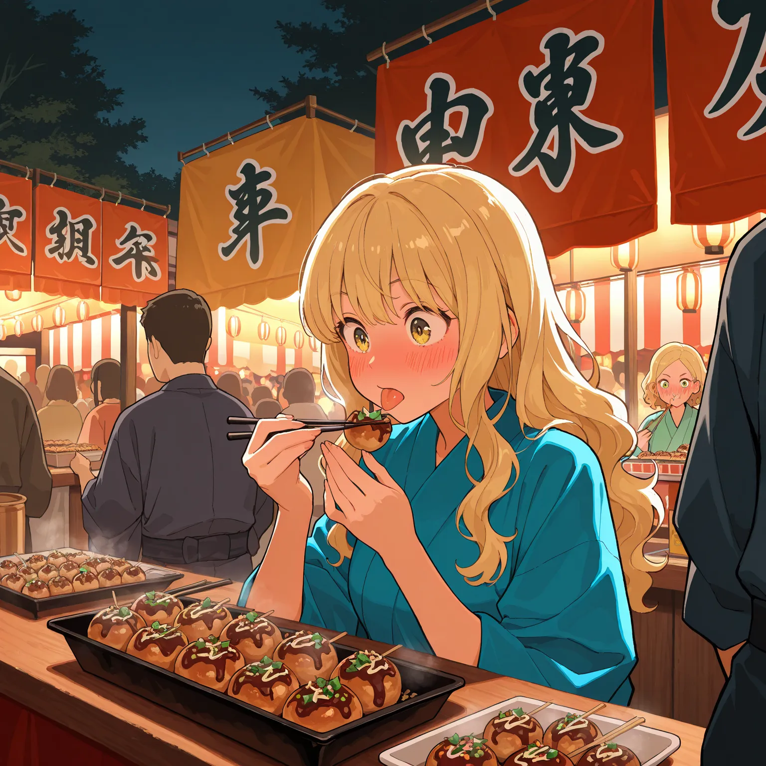 High resolution, Super detailed, Best Quality, masterpiece, 8K, 4K, beautiful background, the best aesthetics, (flat color:0.6), 1girl, blonde_hair, yellow_eyes, wavy hair, eating takoyaki, surprised expression, hot food reaction, tongue out, blushing, str...